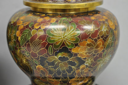 Vintage Cloisonné Chinese Small Enameled Brown Covered Ginger Jar on Stand, Pair