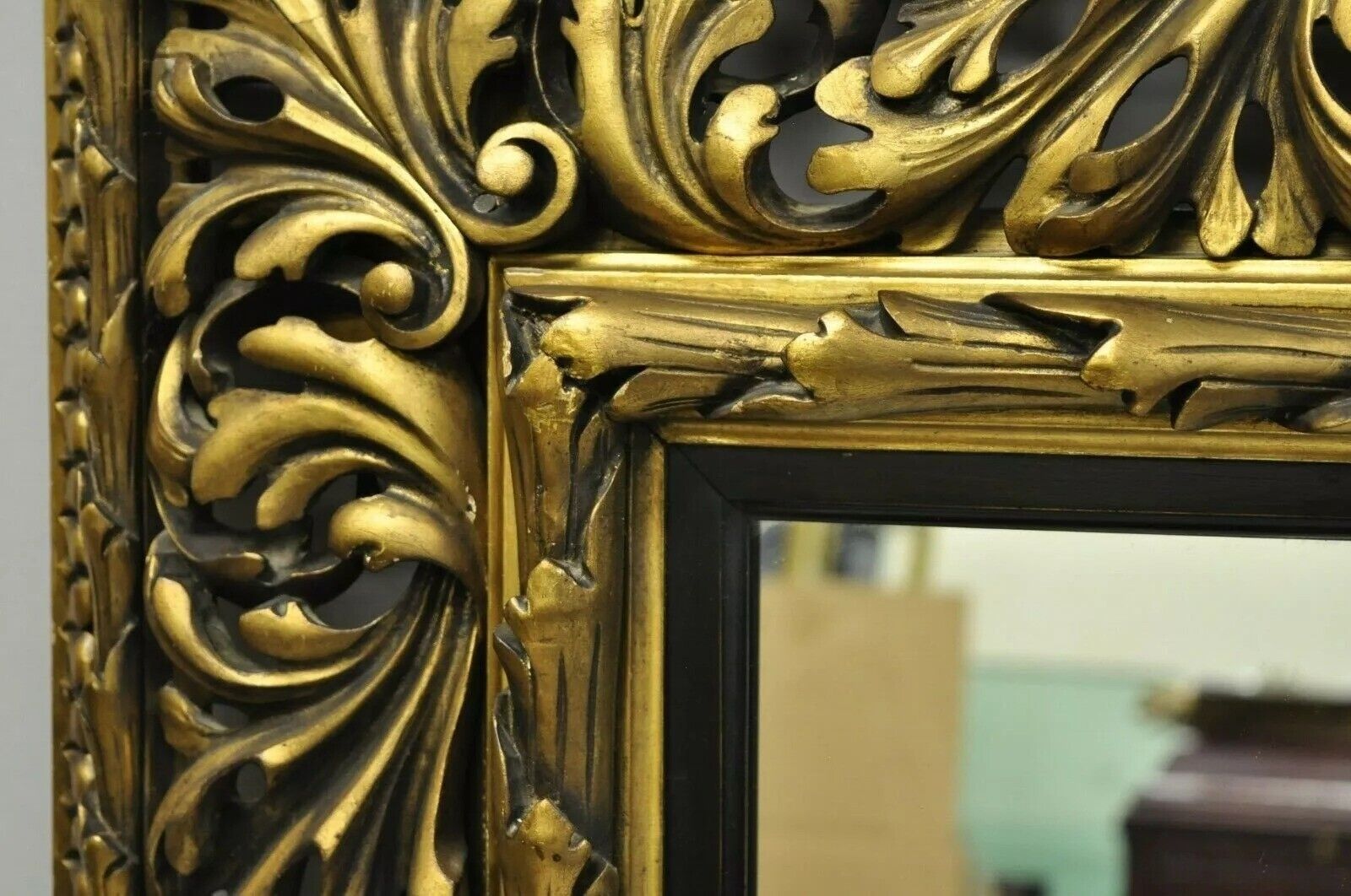 Antique French Baroque Rococo Style Scroll Carved Wood 65" Gold Wall Mirror