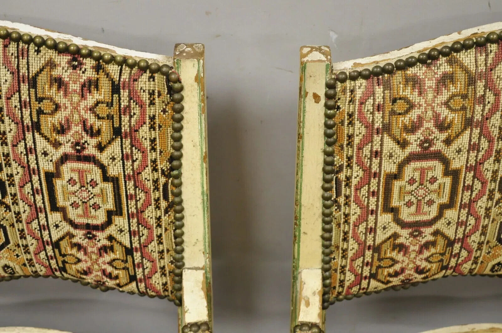 Vintage French Country Cream Distress Painted Lounge Arm Chairs & Ottoman a Pair