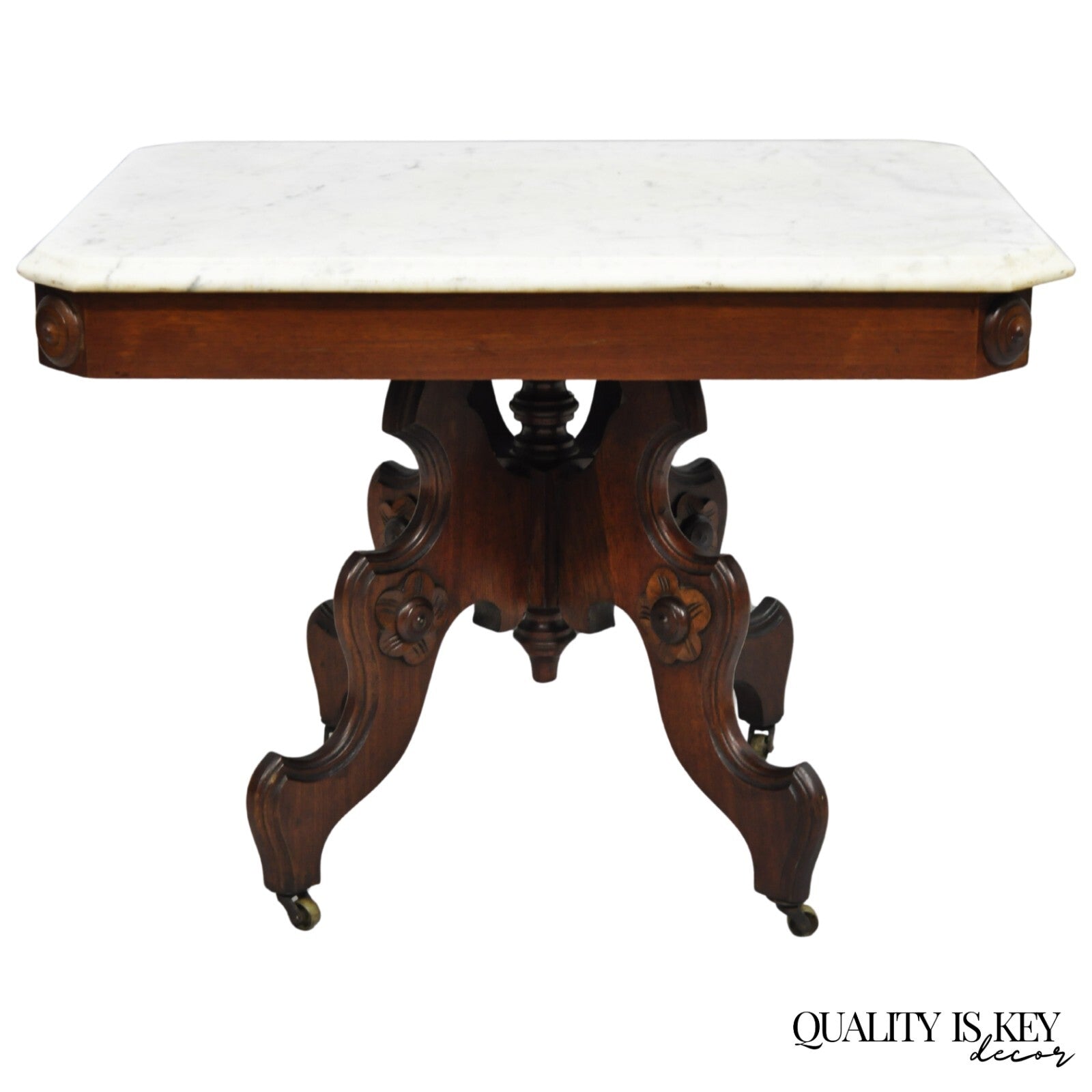 Antique Eastlake Victorian Small Marble Top Pedestal Base Coffee Table w/ Drawer