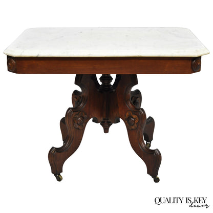 Antique Eastlake Victorian Small Marble Top Pedestal Base Coffee Table w/ Drawer