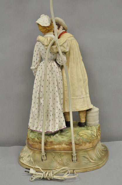 Antique Large Victorian Bisque "Taking The Cream" Porcelain Figure Table Lamp