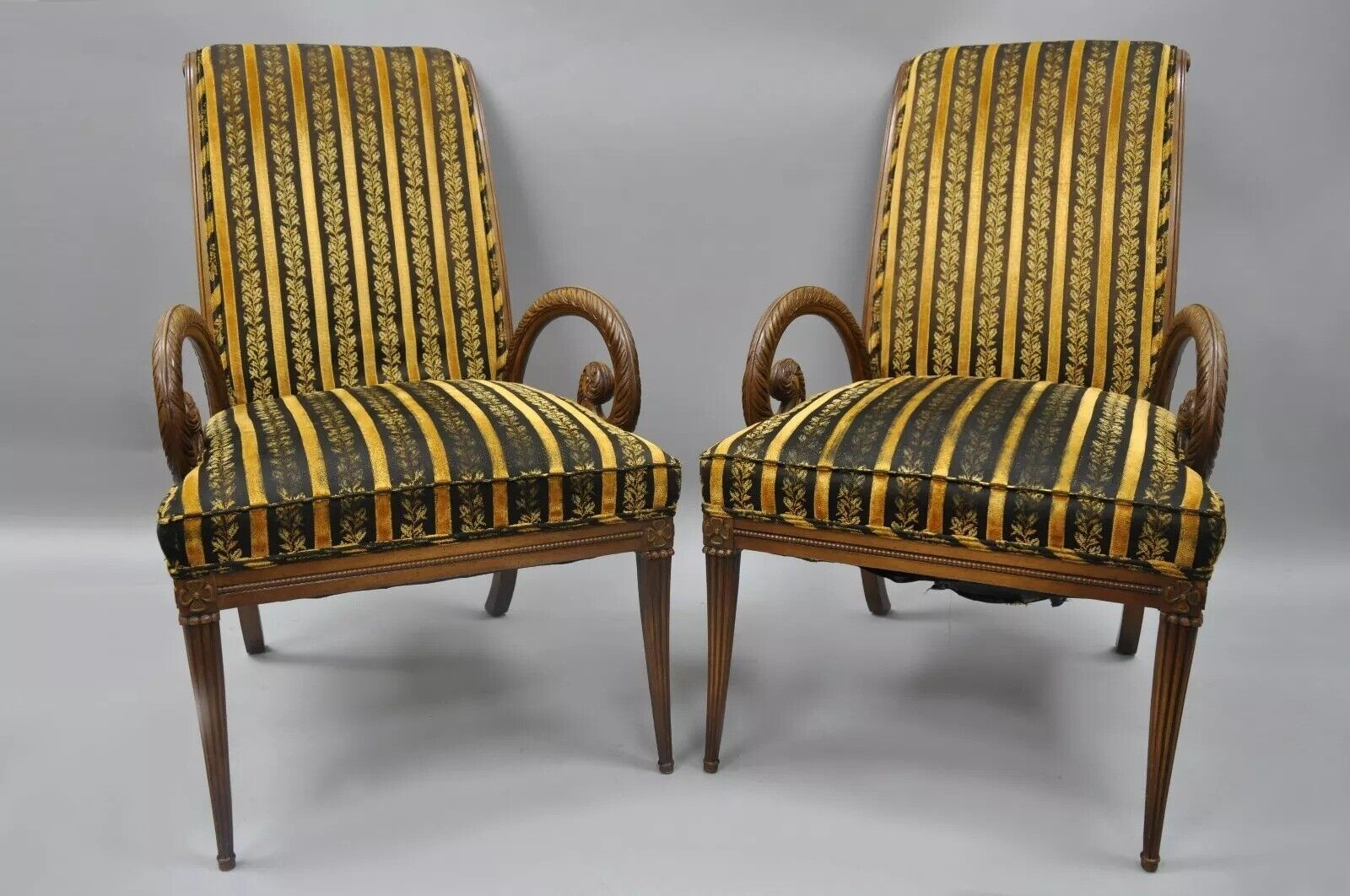 Grosfeld House Hollywood Regency Mahogany Plume Feather Carved Arm Chairs - Pair