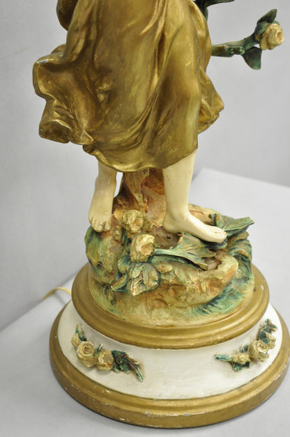 Antique L&F Moreau Spelter Metal Painted Figural "Young Girl" Table Lamp
