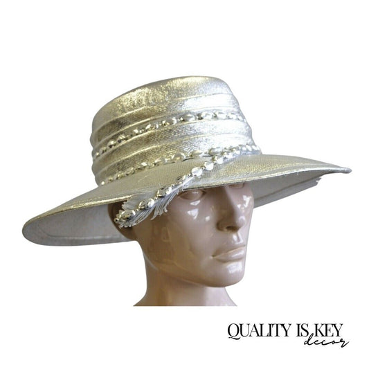 Vintage Mr. John Classic Metallic Silver Church Derby Wide Brim Hat with Feather