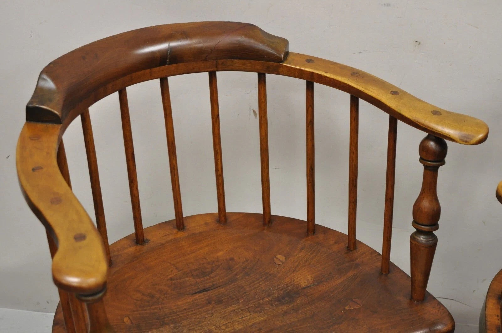 Antique English Windsor Colonial Pine Wood Spindle Pub Club Arm Chairs - a Pair