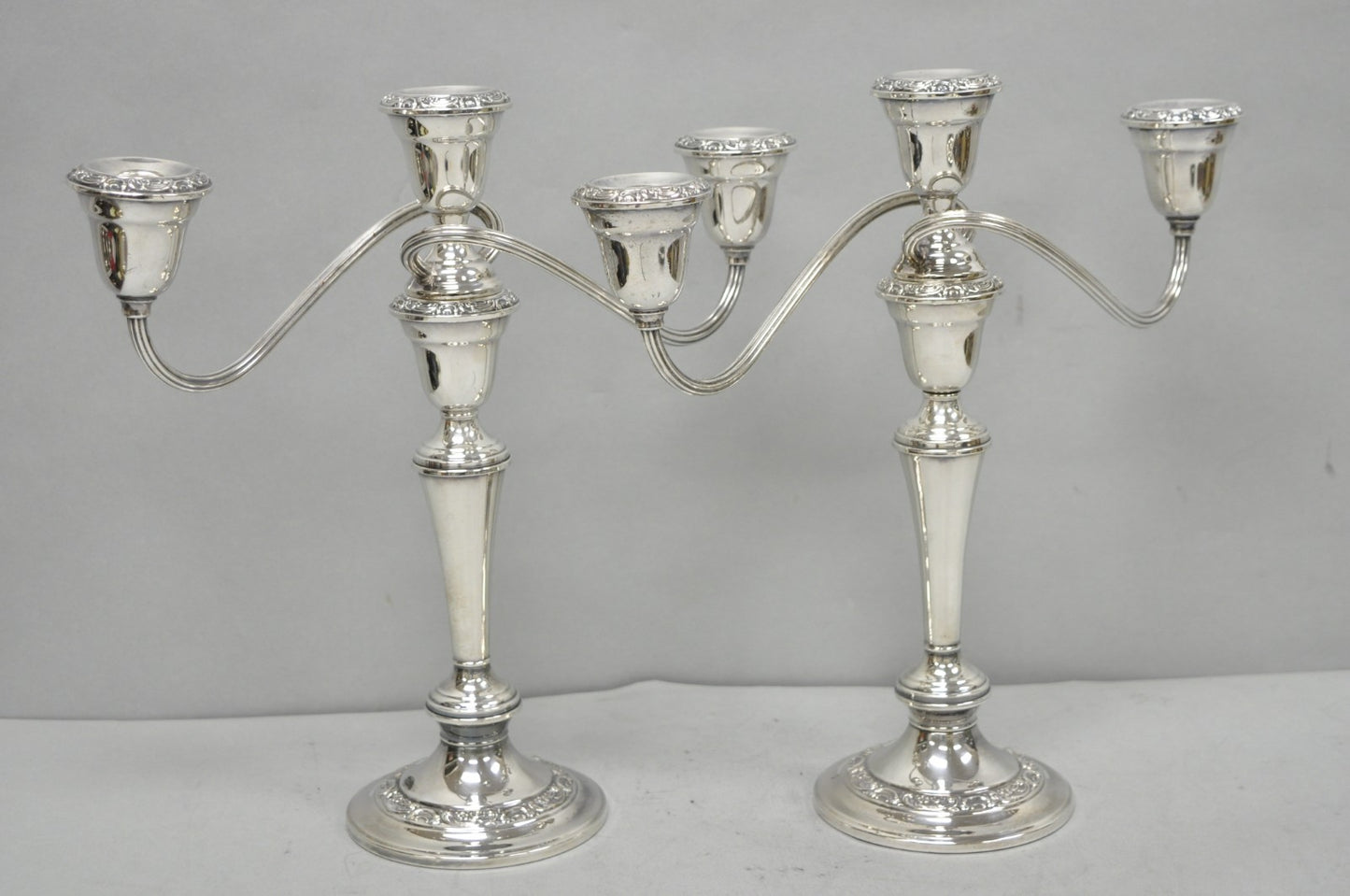 Vintage Gorham YC3021 Silver Plated 3 Arm Convertible Candelabra - a Pair