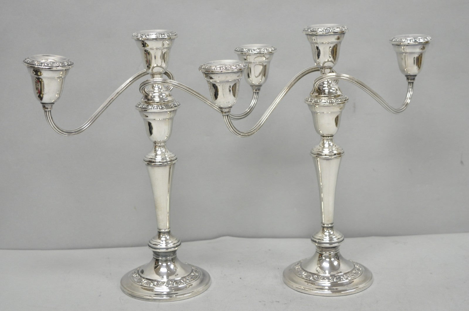 Vintage Gorham YC3021 Silver Plated 3 Arm Convertible Candelabra - a Pair