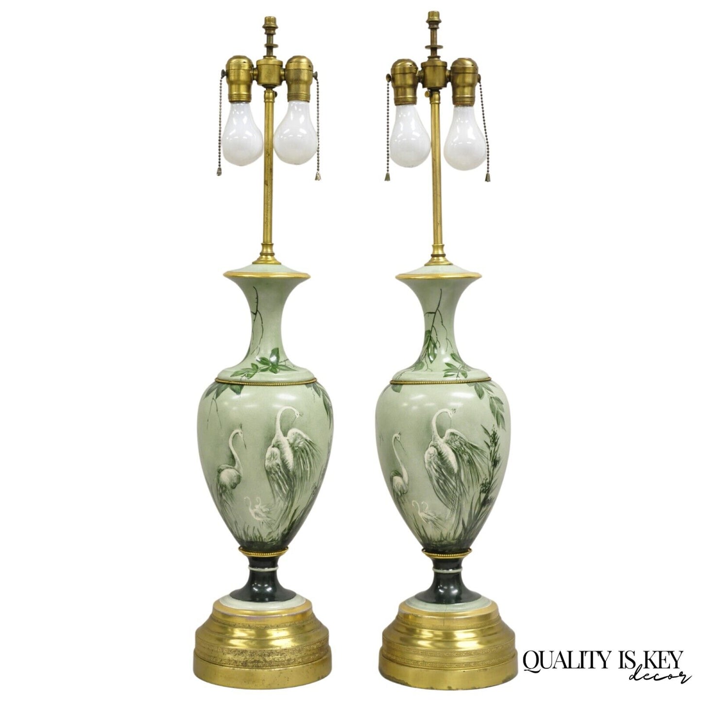 Antique French Hand Painted Porcelain "Cranes" Bird Green Urn Table Lamps - Pair