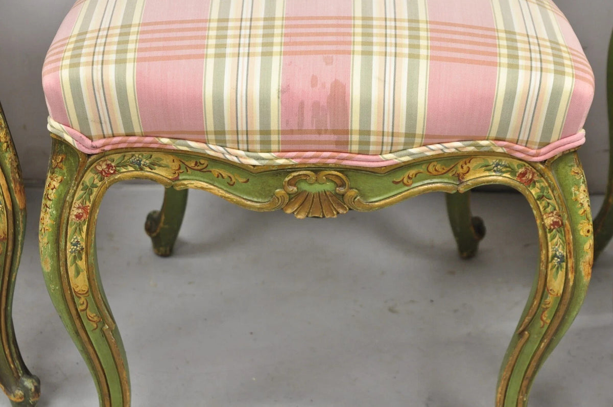 Antique Italian Venetian Green Floral Hand Painted Dining Side Chairs - Set of 4