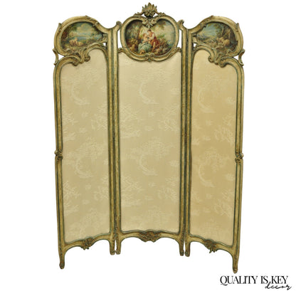 Antique French Louis XV Hand Painted Petite 3 Panel Folding Dressing Screen