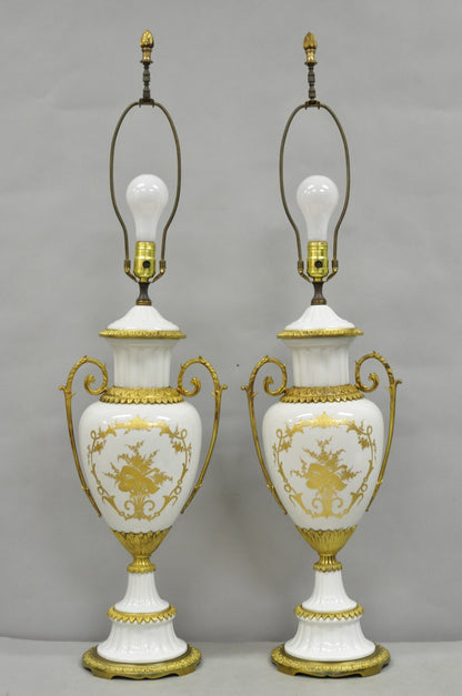 Antique French Louis XV Hand-Painted Porcelain Urn Bronze Table Lamps - a Pair