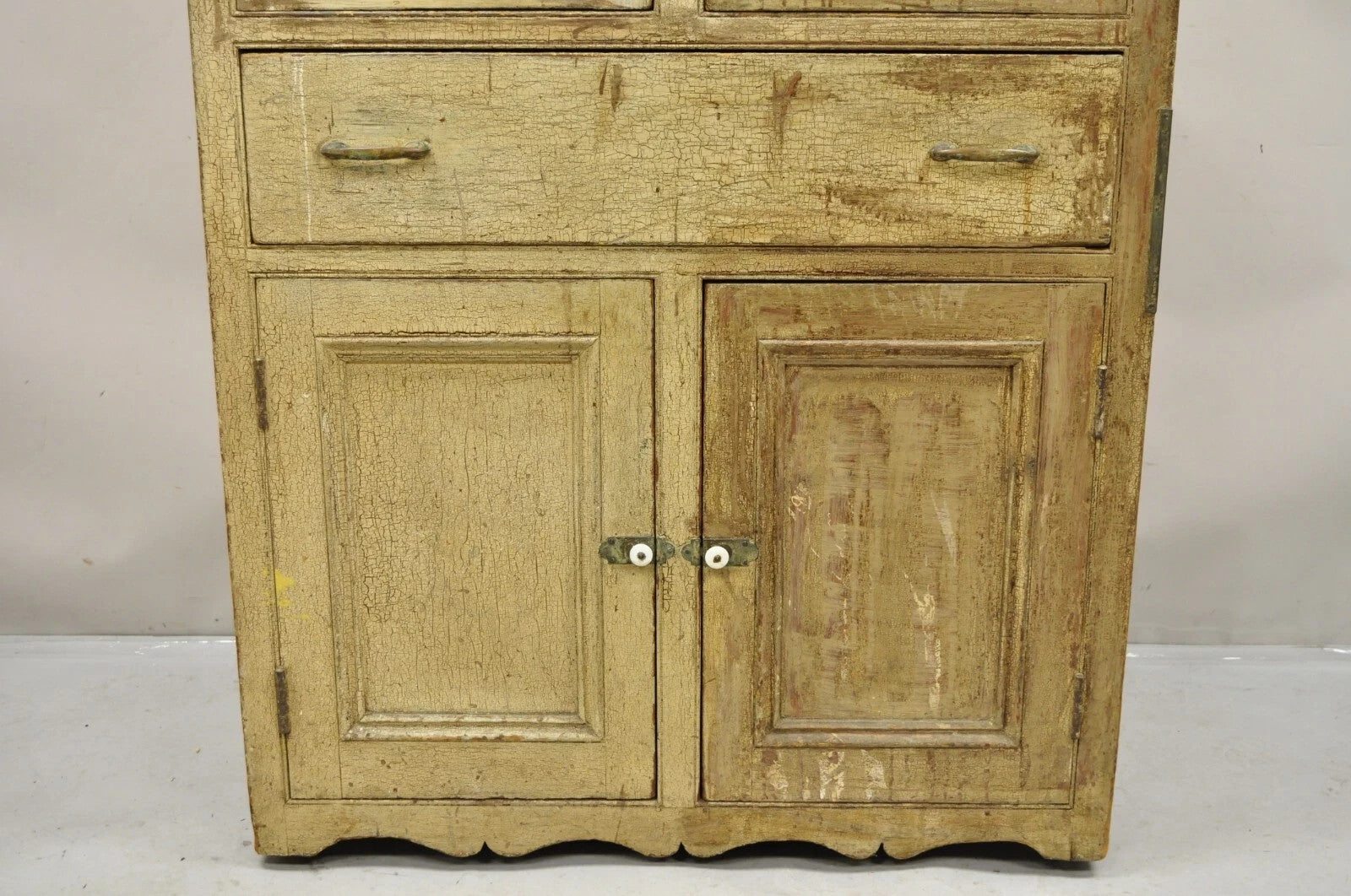 Antique French Country Farmhouse Beige Distressed Paint Kitchen Cupboard Cabinet