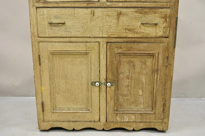 Antique French Country Farmhouse Beige Distressed Paint Kitchen Cupboard Cabinet