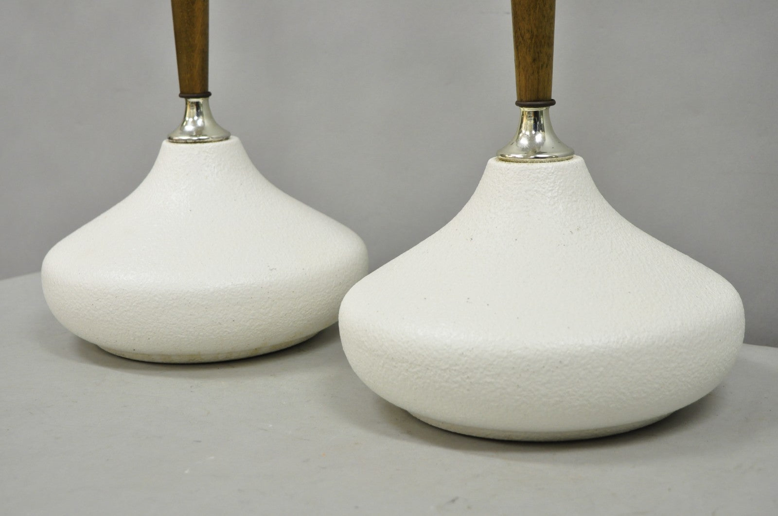 Mid Century Modern Atomic Era Sculpted Wood White Ceramic Table Lamps - a Pair
