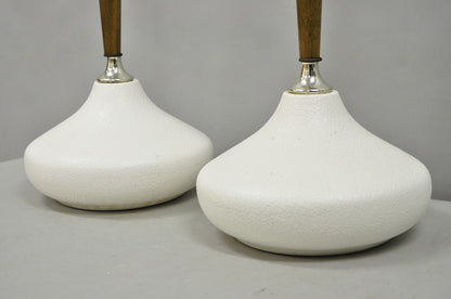 Mid Century Modern Atomic Era Sculpted Wood White Ceramic Table Lamps - a Pair