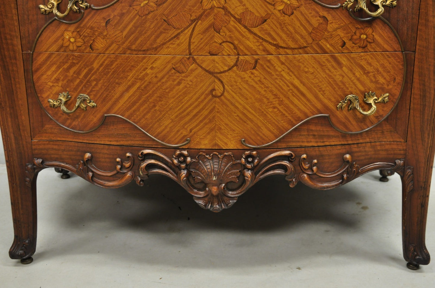 Antique French Louis XV Carved Walnut Satinwood Inlay Highboy Tall Chest Dresser