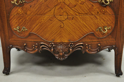 Antique French Louis XV Carved Walnut Satinwood Inlay Highboy Tall Chest Dresser