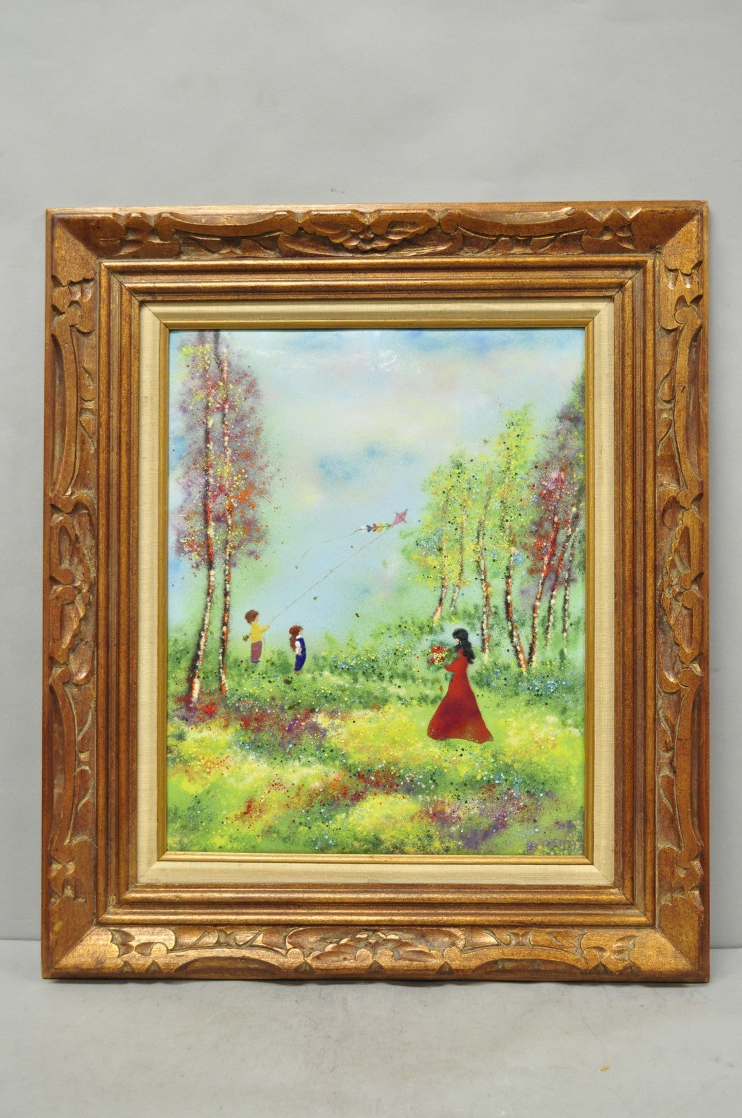Vintage Louis Cardin Enamel on Copper Painting Framed "Woman with Boys & Kite"