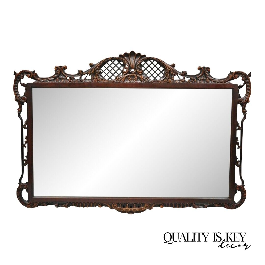 Antique Chinese Chippendale Style Fretwork Carved Mahogany Wall Mirror