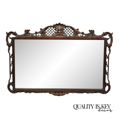 Antique Chinese Chippendale Style Fretwork Carved Mahogany Wall Mirror