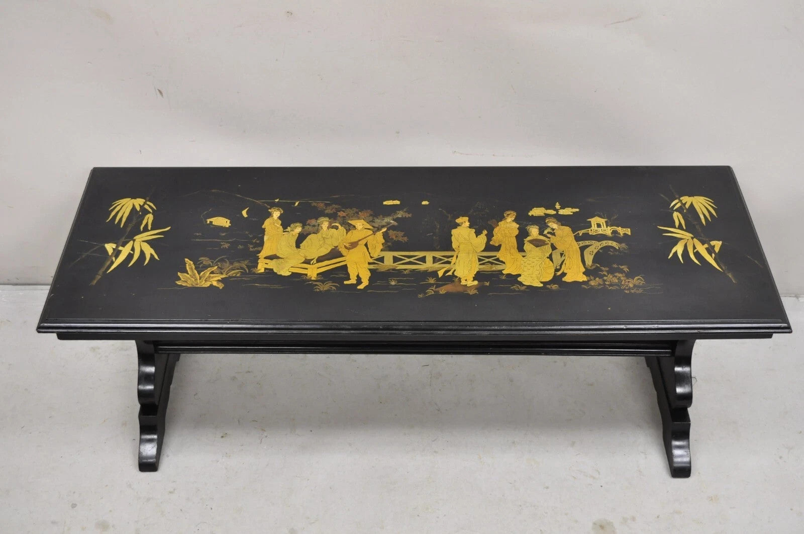 Vintage Chinoiserie Oriental Black Lacquer Gold Gilt Trestle Bench Coffee Table