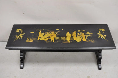 Vintage Chinoiserie Oriental Black Lacquer Gold Gilt Trestle Bench Coffee Table