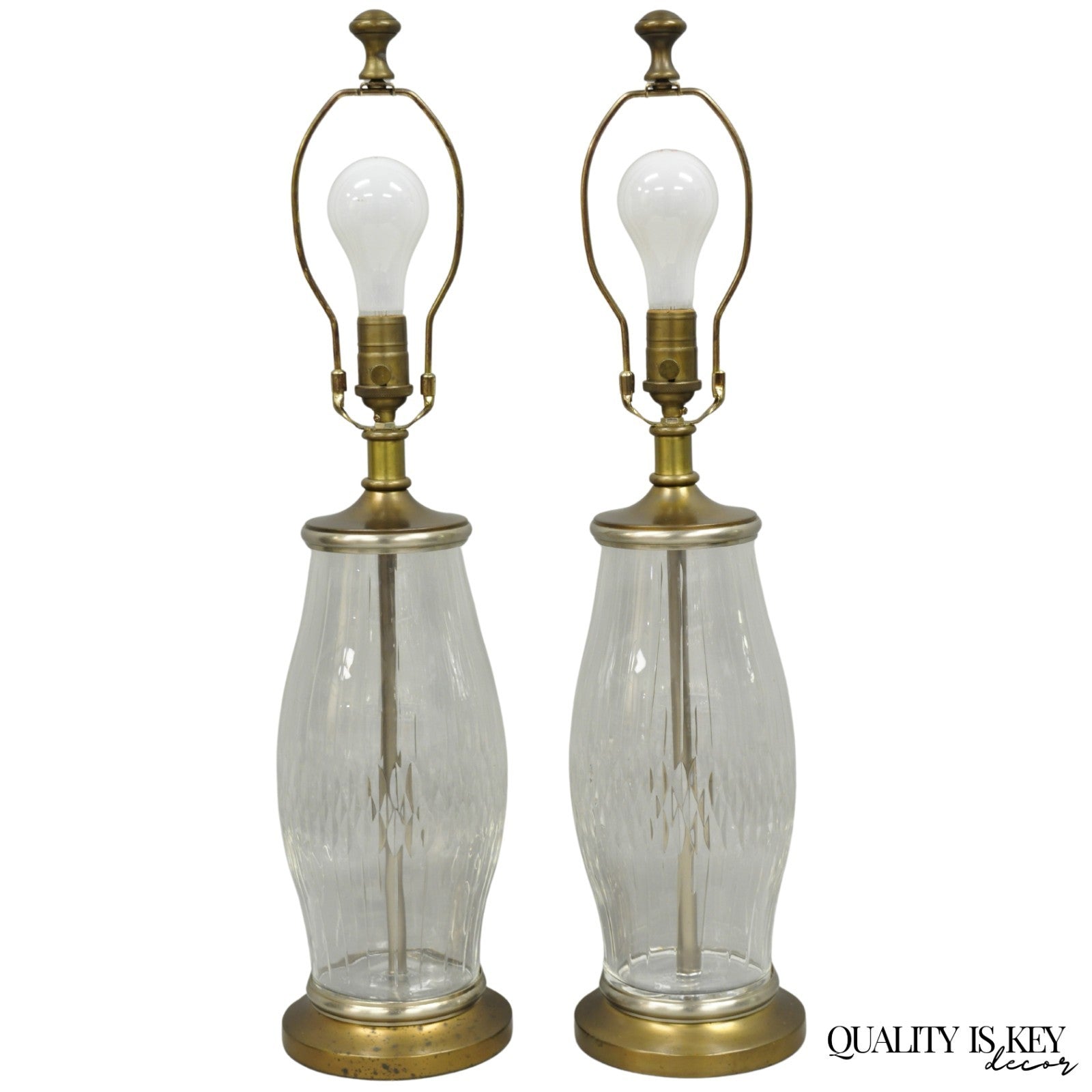 Vintage Bombay Co. Cut Crystal Glass Jardiniere & Brass Table Lamps - a Pair