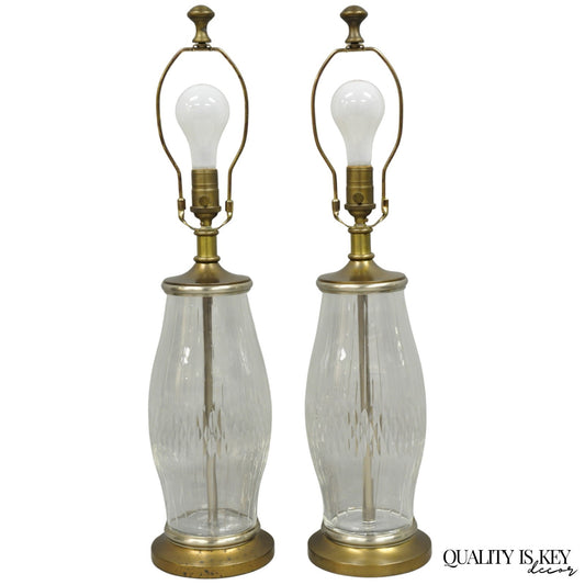 Vintage Bombay Co. Cut Crystal Glass Jardiniere & Brass Table Lamps - a Pair