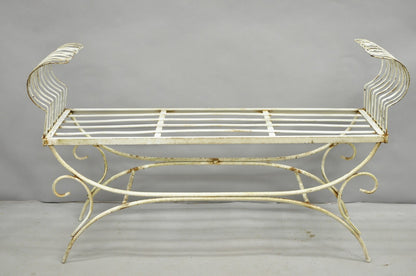 Vintage Hollywood Regency White Wrought Iron Curule X Frame Window Bench