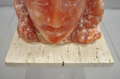Orange Alabaster "Native American Woman" Bust Sculpture on Travertine Base