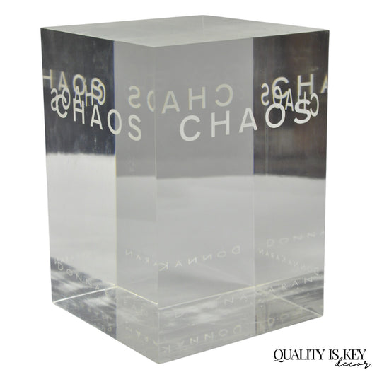 Donna Karan "Chaos" Heavy Acrylic Lucite Cube Perfume Retail Pedestal Display
