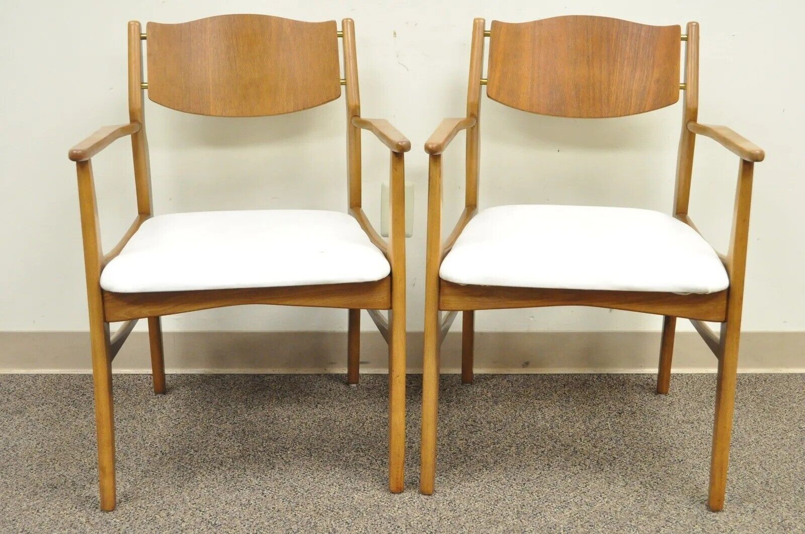 Young Mfg Mid Century Danish Modern Walnut Teak Curved Dining Arm Chairs - Pair