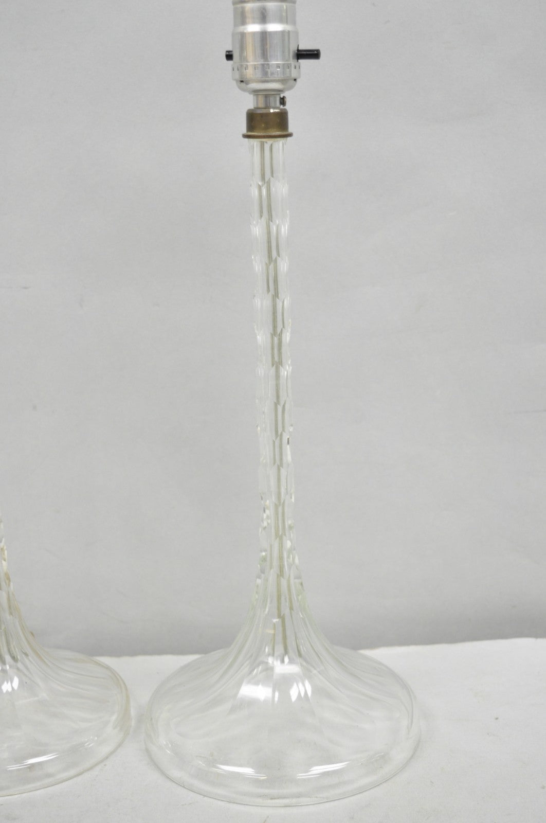 Antique Art Deco Diamond Cut Glass Column Small Petite Boudoir Table Lamps Pair