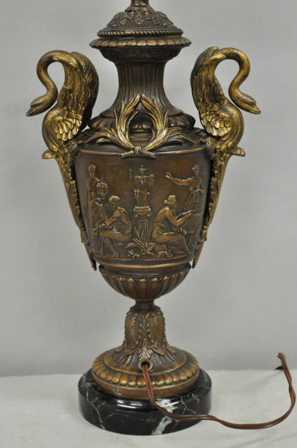 Antique French Neoclassical Style Bronze Figural Swans Table Lamp Signed Picault
