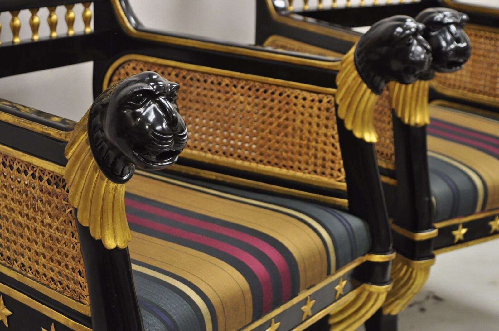 Egyptian Revival Regency Black Ebonized Gold Gilt Lion Head Throne Chairs - Pair