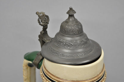 Antique German XL 20" Tall Figural Green Stoneware Beer Stein Tankard Mug w/ Lid