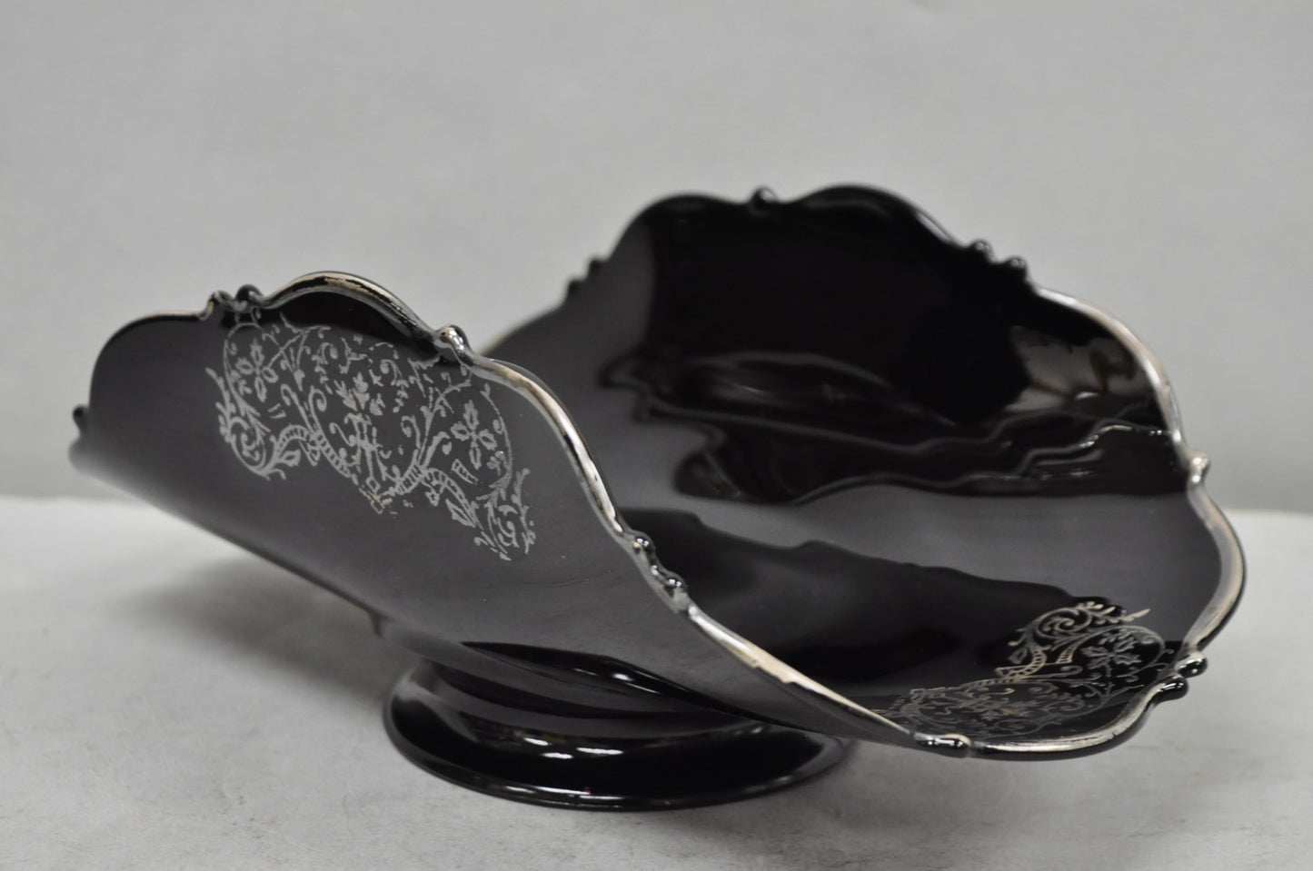 Vintage Rockwell Black Amethyst Glass Sterling Silver Overlay Centerpiece Dish