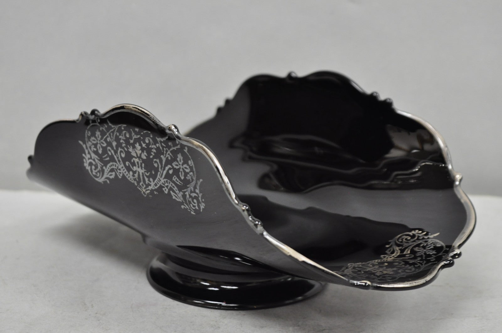 Vintage Rockwell Black Amethyst Glass Sterling Silver Overlay Centerpiece Dish