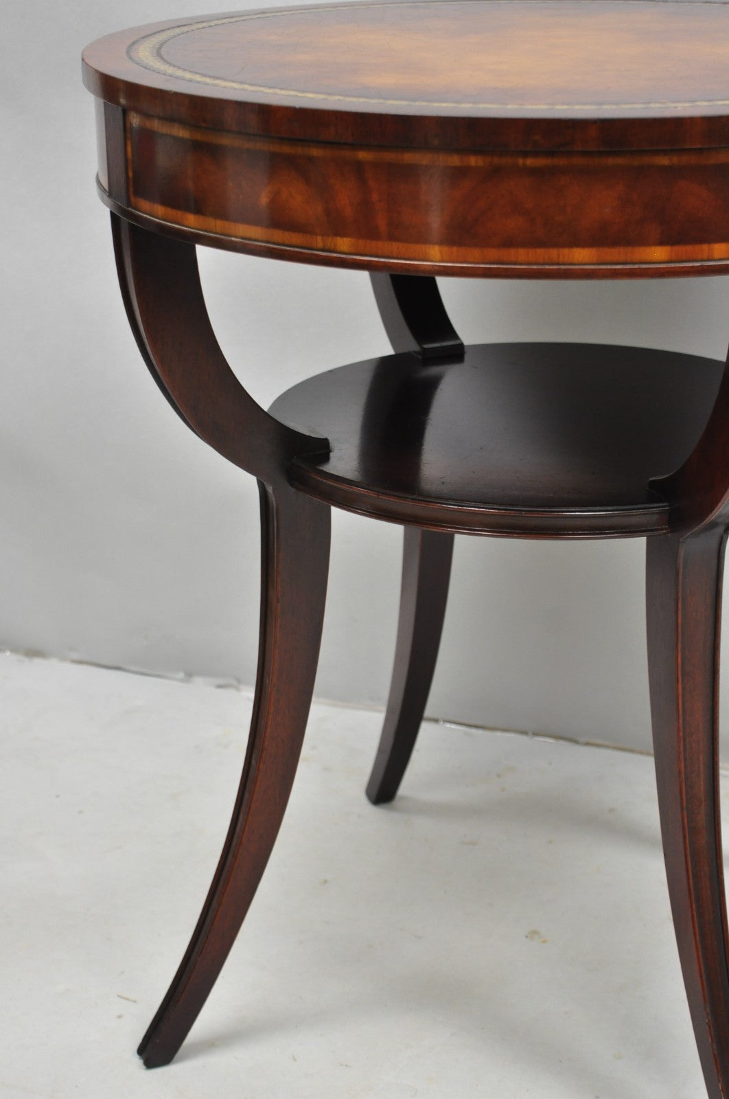 Vintage Weiman French Regency Round Mahogany Leather Top Saber Leg Side Table