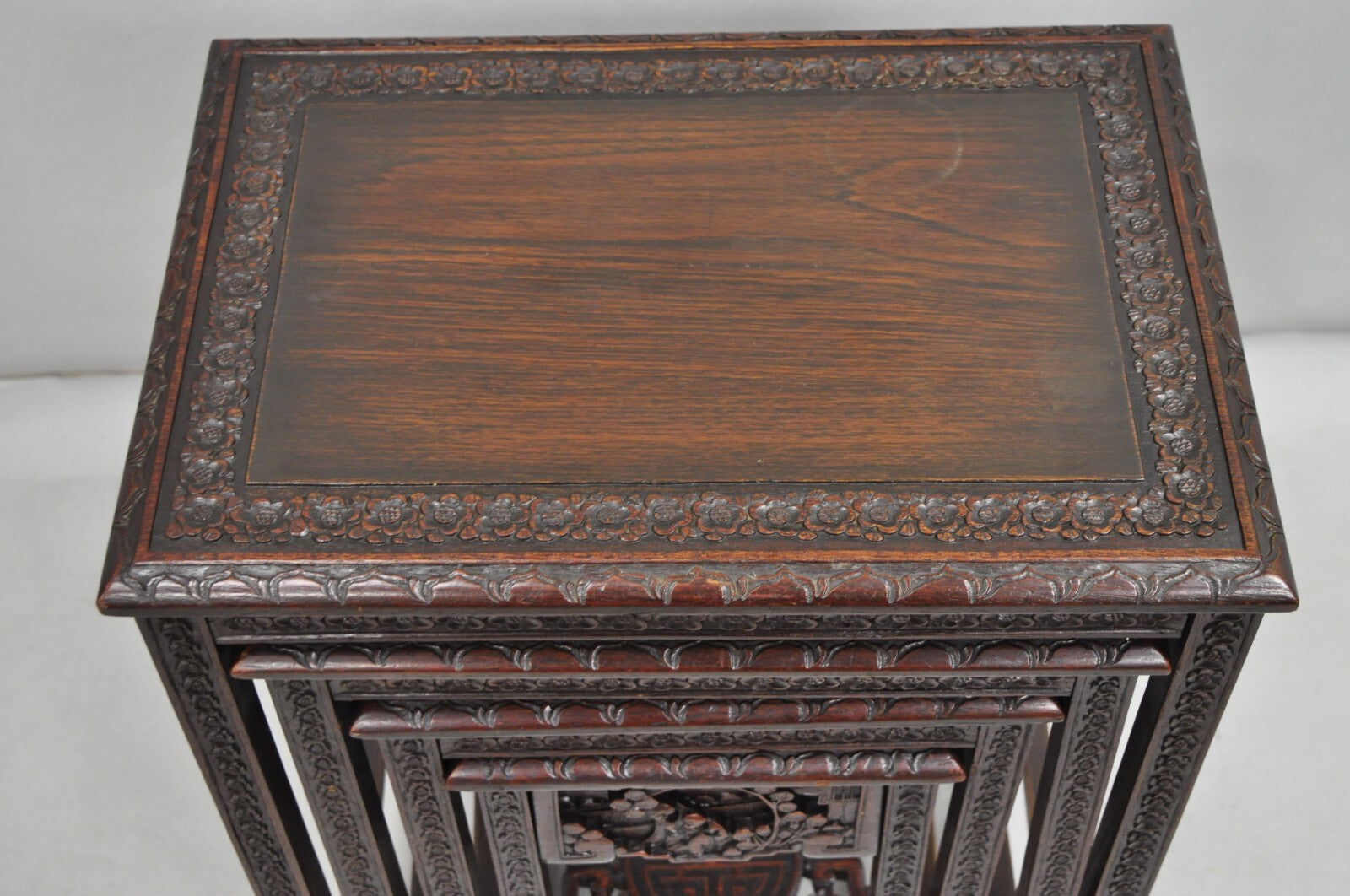 Antique Chinese Carved Rosewood Figural Nesting Side Tables w/ Drawer - 4 Pcs