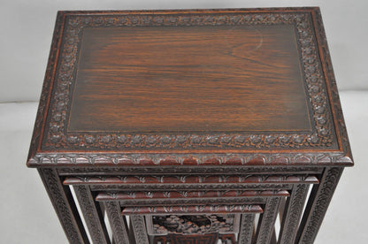 Antique Chinese Carved Rosewood Figural Nesting Side Tables w/ Drawer - 4 Pcs