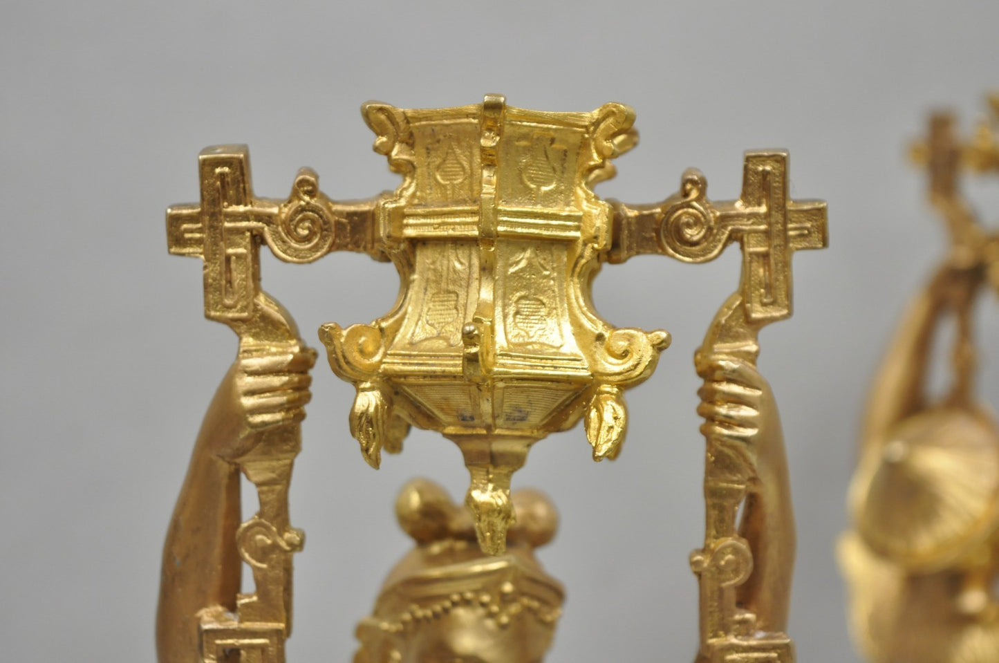 Antique Orientalist Gold Gilt Bronze Figural Male and Female Candlesticks - Pair