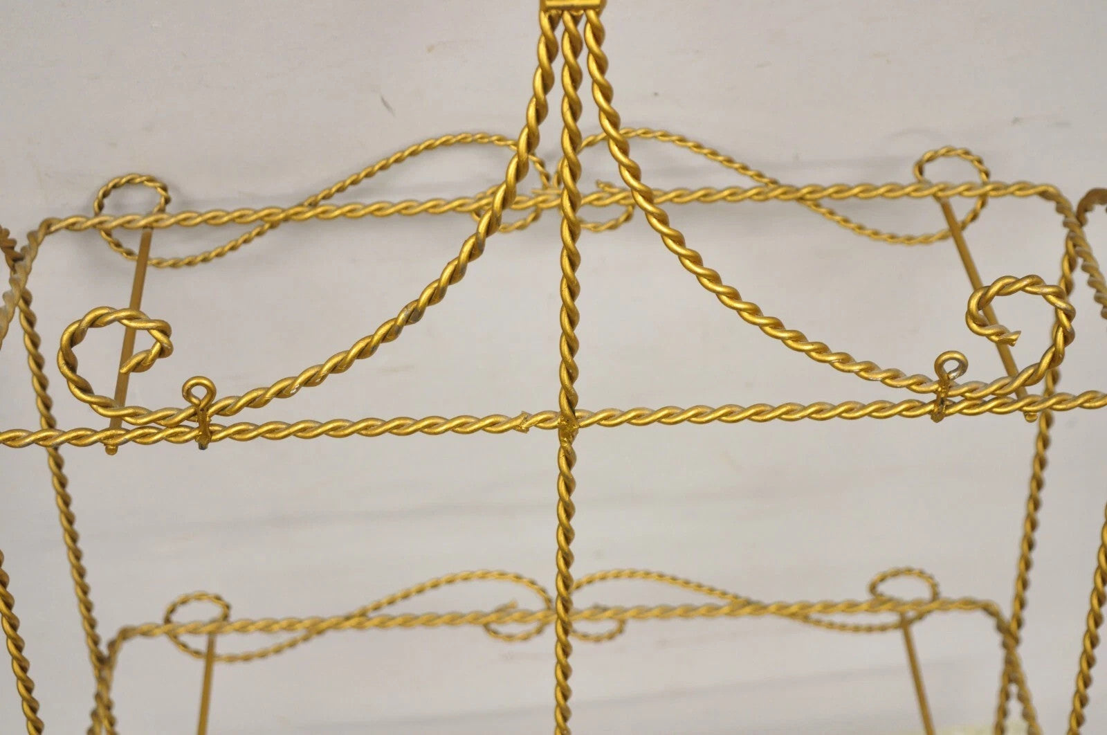 Vintage Gold Gilt Metal Hollywood Regency Scrolling Iron 3 Tier Small Wall Shelf