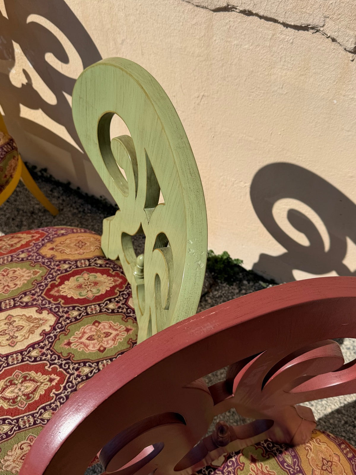 Contemporary Regency Style Red Green Yellow Scroll Back Dining Chairs - Set of 8