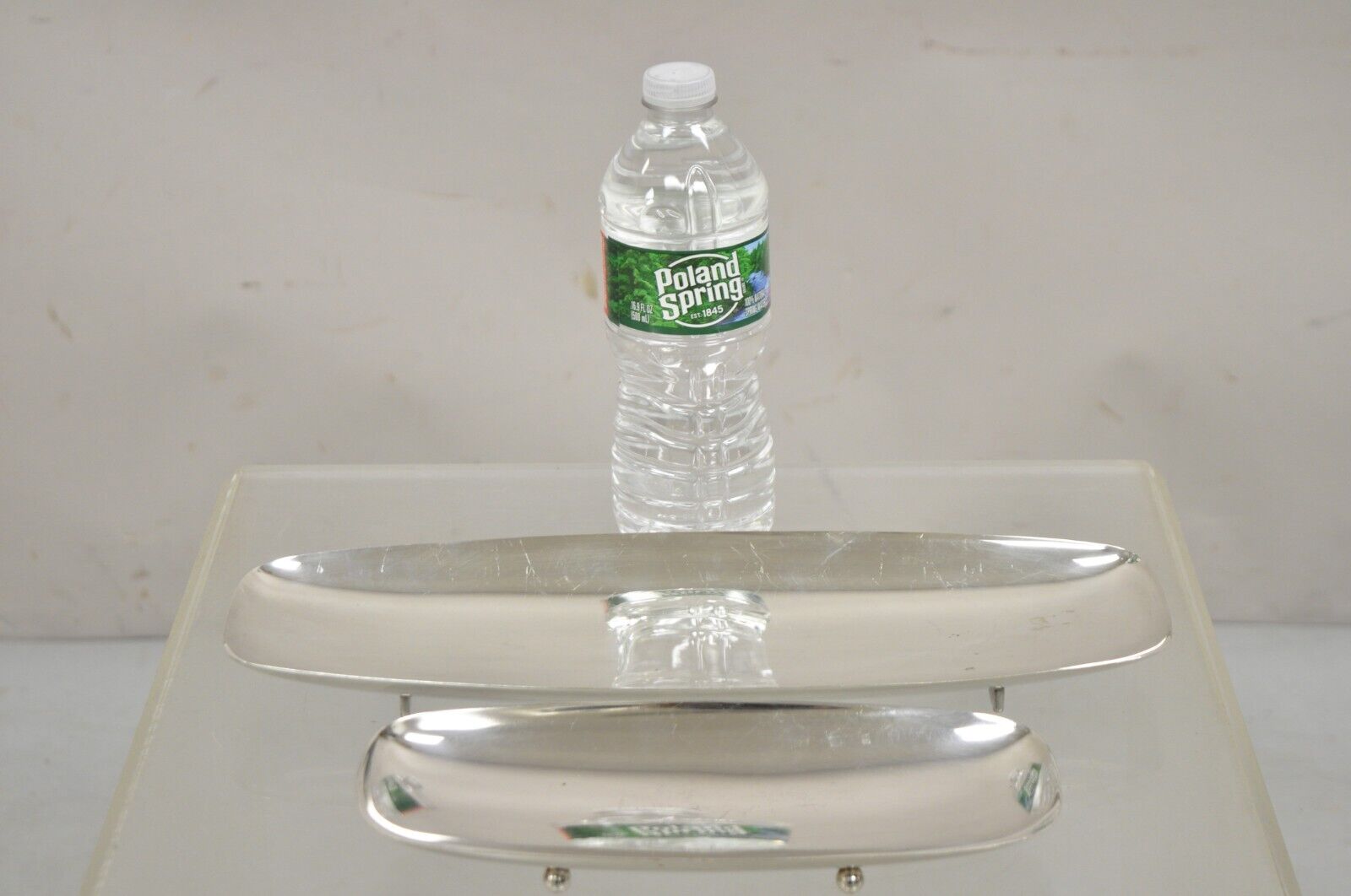 Vintage Mid Century Danish Modern Narrow Silver Plated Footed Dish Tray - 2 Pcs