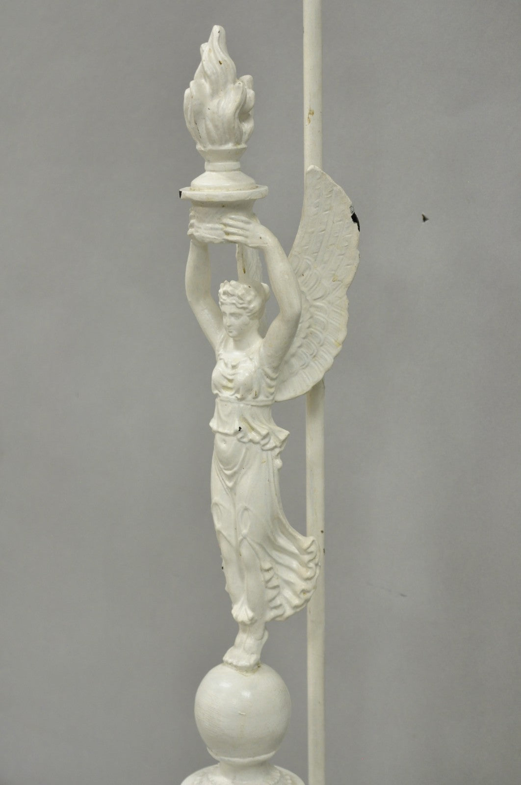 Antique French Neoclassical Metal Figural Winged Maiden Flame White Table Lamp