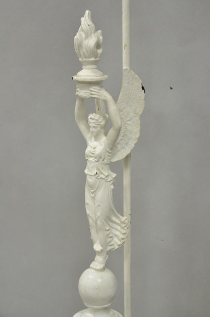 Antique French Neoclassical Metal Figural Winged Maiden Flame White Table Lamp