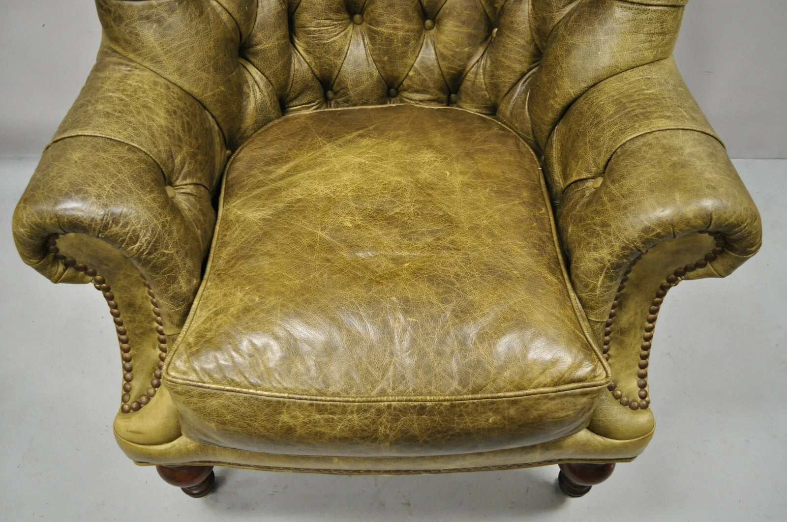 Lillian August Brown Green Leather Chesterfield Club Lounge Chair & Ottoman