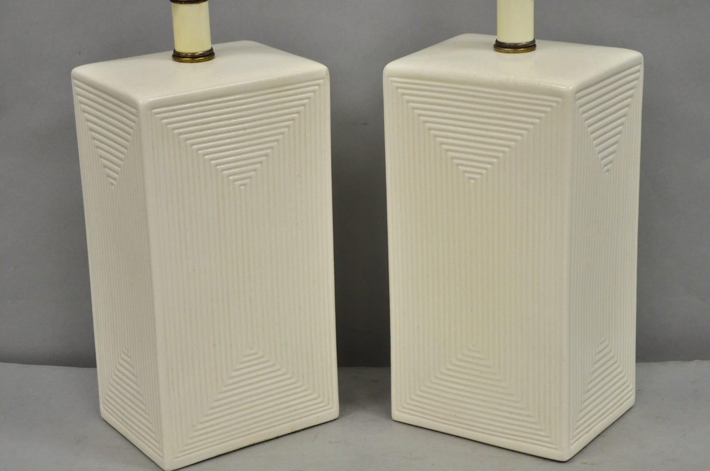 Vintage Mid Century Modern White Geometric Ceramic Cubist Table Lamps - a Pair